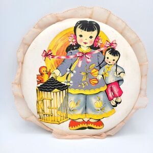 Vintage Kitschy Asian Woman & Child with Birdcage & Bird Chalkware Wall Plaque
